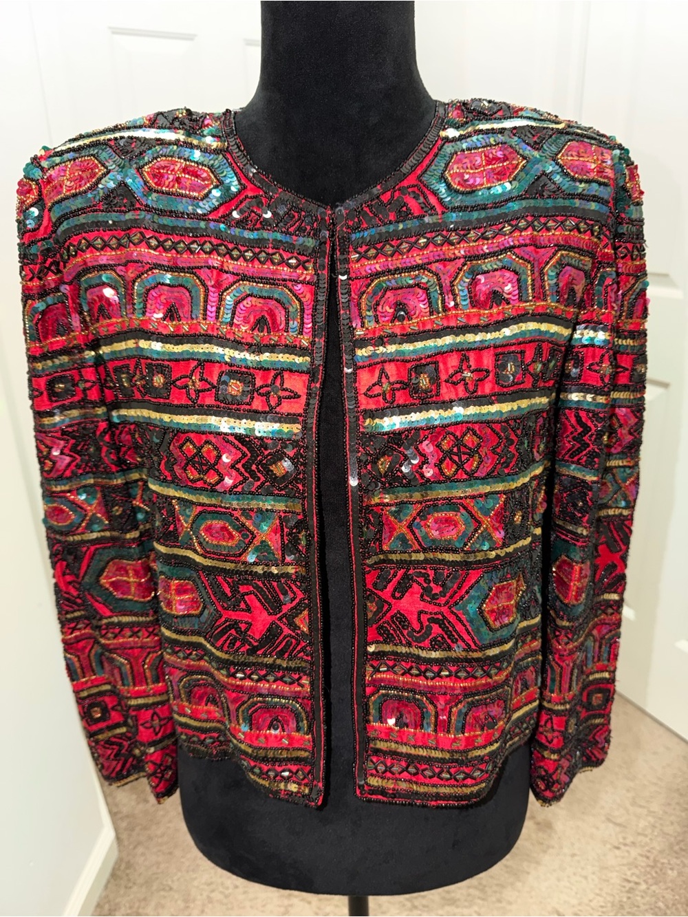 Adrianna Papell Beaded Multicolor Jacket - Red, Teal, Black